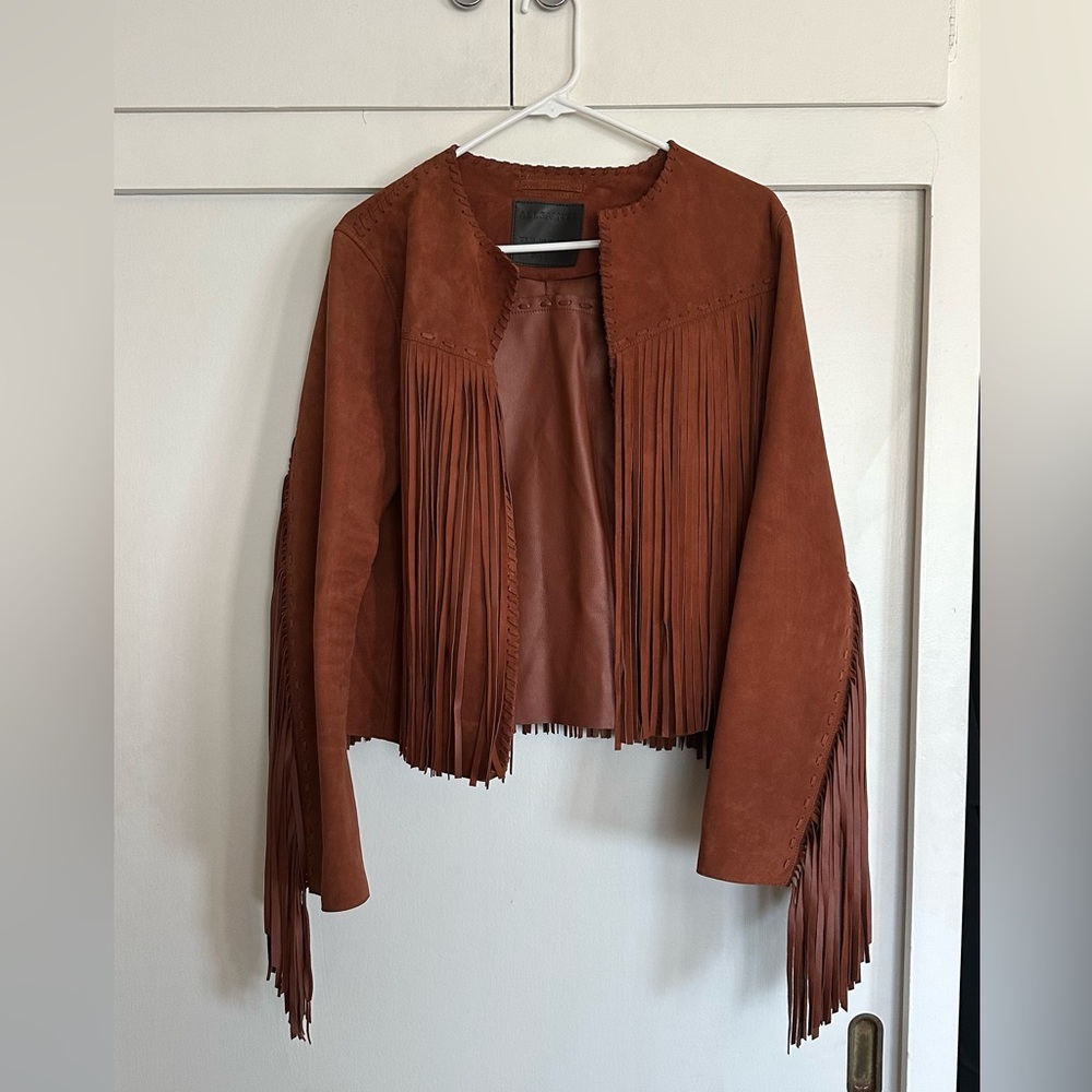 ALL SAINTS Astral Suede Fringed Jacket - Amber Brown - sz US 10